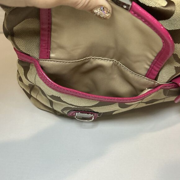 Coach Daisy Outline Signature shoulder bag Dark Tan Canvas Pink Leather pockets - Picture 3 of 13